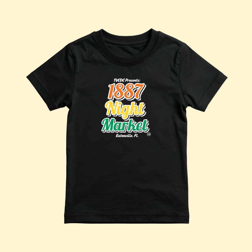 Black 1887 Night Market t-shirt with orange, gold, and green script reading 1887 Night Market, Eatonville, Fl.